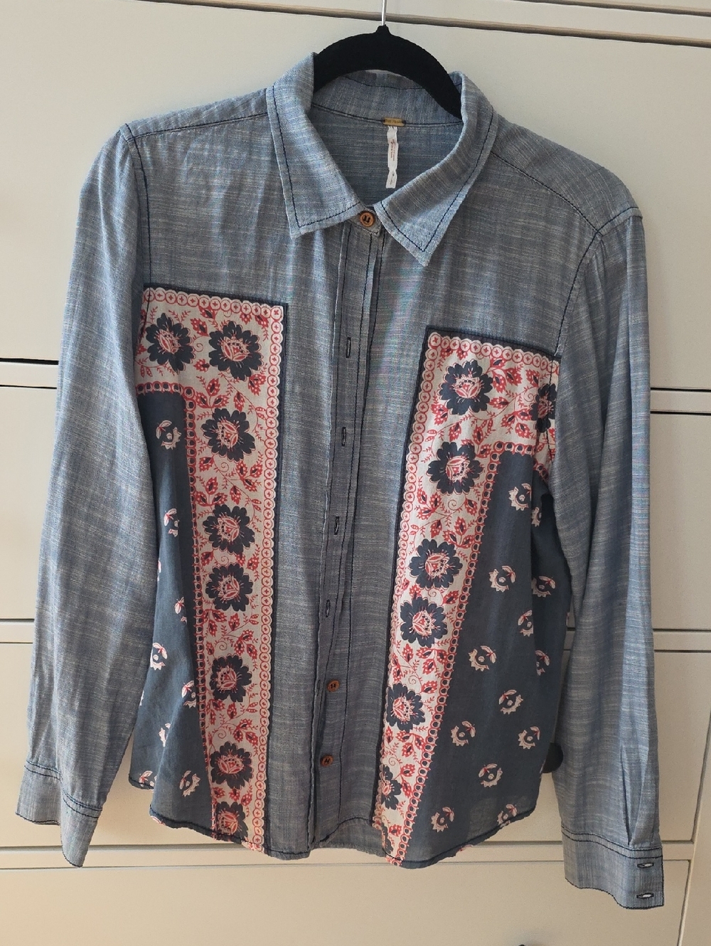 Free People Blue Mixed-Print Button-Down Shirt with Floral Panels